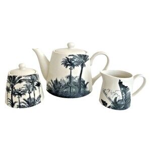 NEW Haus Hand Painted Porcelain Teapot, Sugar Bowl and Creamer Neutral Tropical
